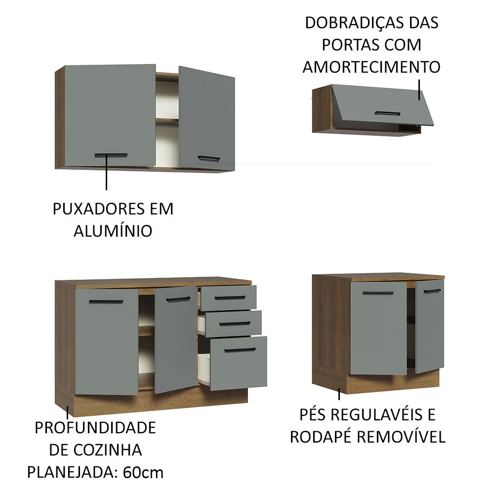 Kit com 2 Balcões e 2 Armários Aéreos Multiuso 200cm Rustic/Cinza Agata Madesa - Image 4