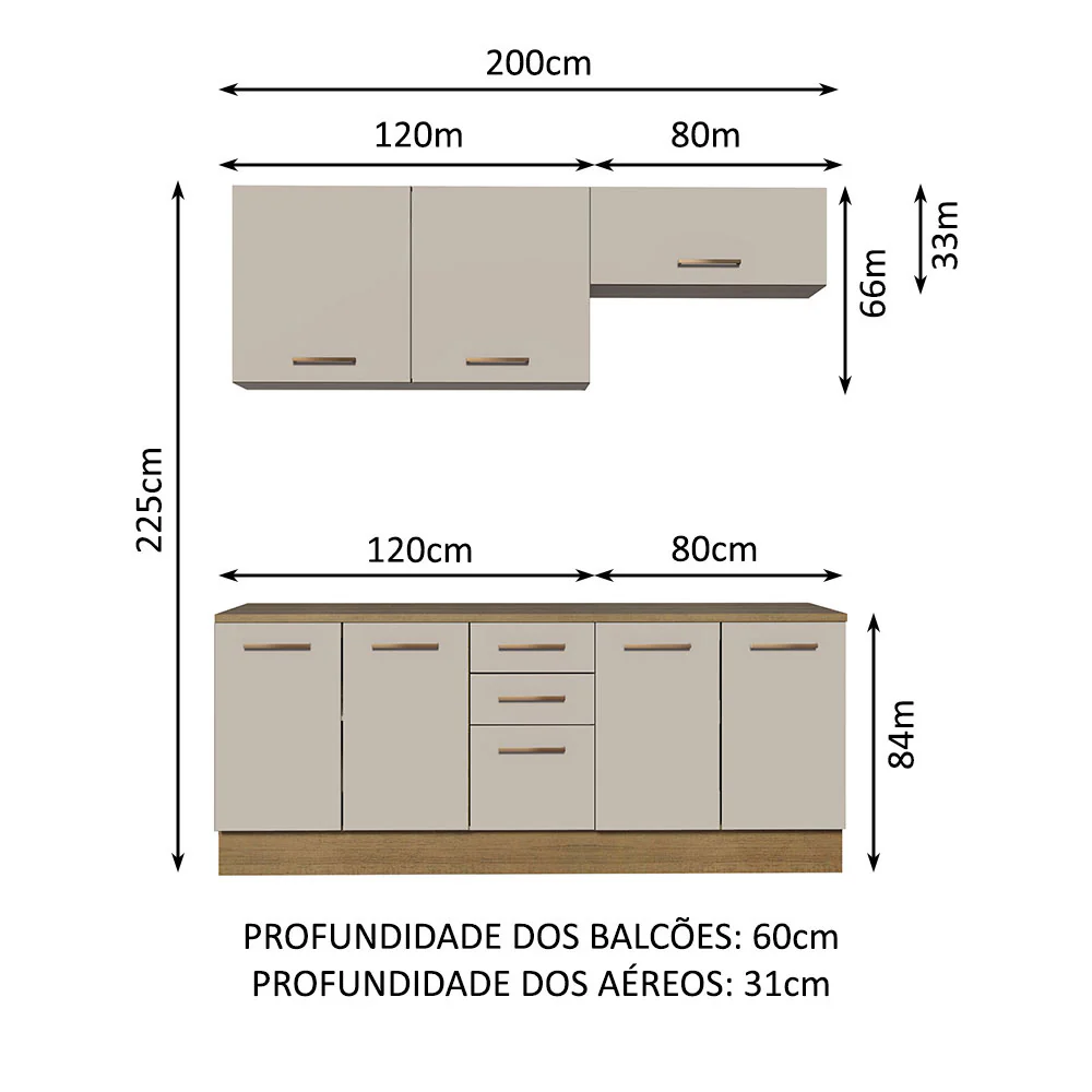 Kit com 2 Balcões e 2 Armários Aéreos Multiuso 200cm Rustic/Crema Agata Madesa - Image 3