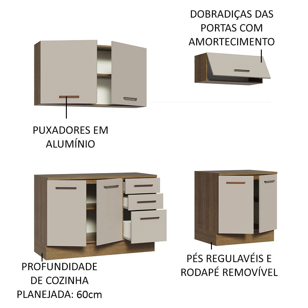 Kit com 2 Balcões e 2 Armários Aéreos Multiuso 200cm Rustic/Crema Agata Madesa - Image 4