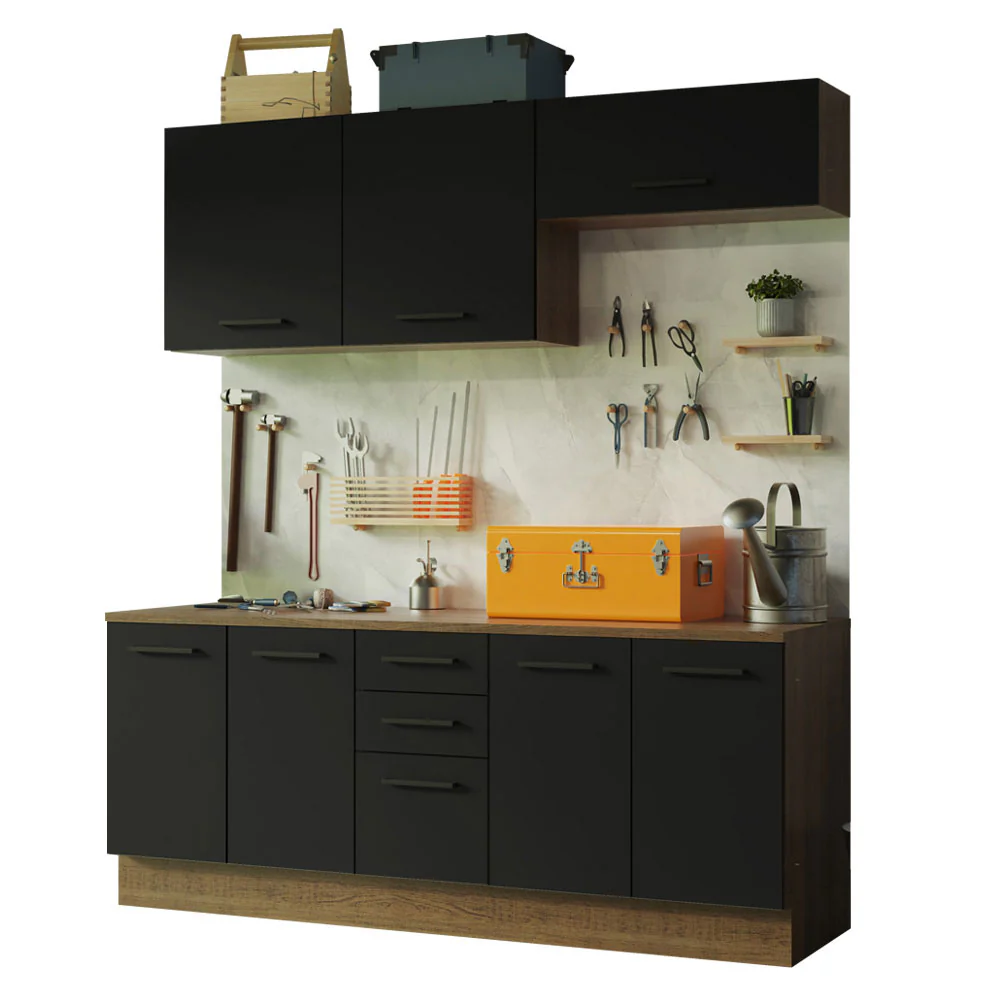 Kit com 2 Balcões e 2 Armários Aéreos Multiuso 200cm Rustic/Preto Agata Madesa - Image 2