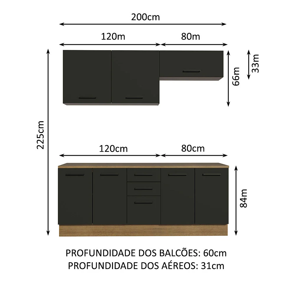 Kit com 2 Balcões e 2 Armários Aéreos Multiuso 200cm Rustic/Preto Agata Madesa - Image 3