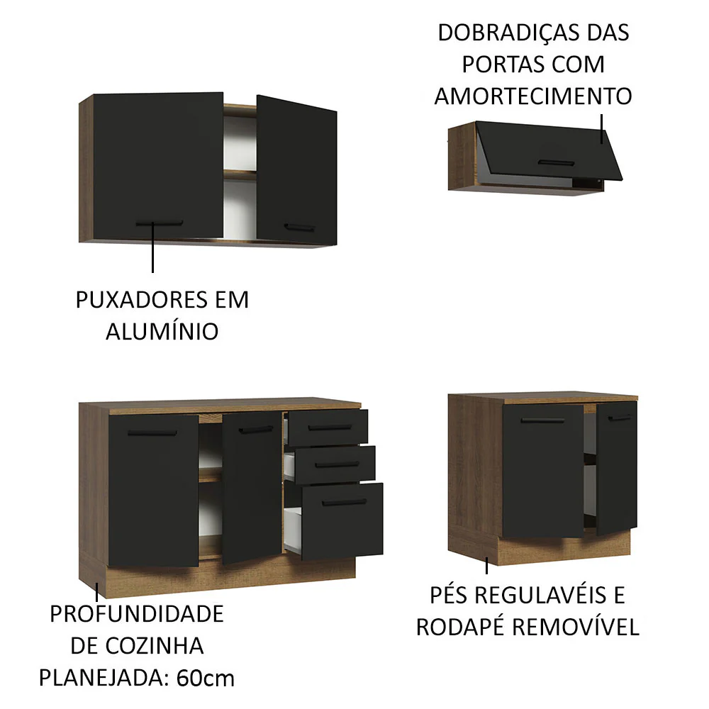 Kit com 2 Balcões e 2 Armários Aéreos Multiuso 200cm Rustic/Preto Agata Madesa - Image 4