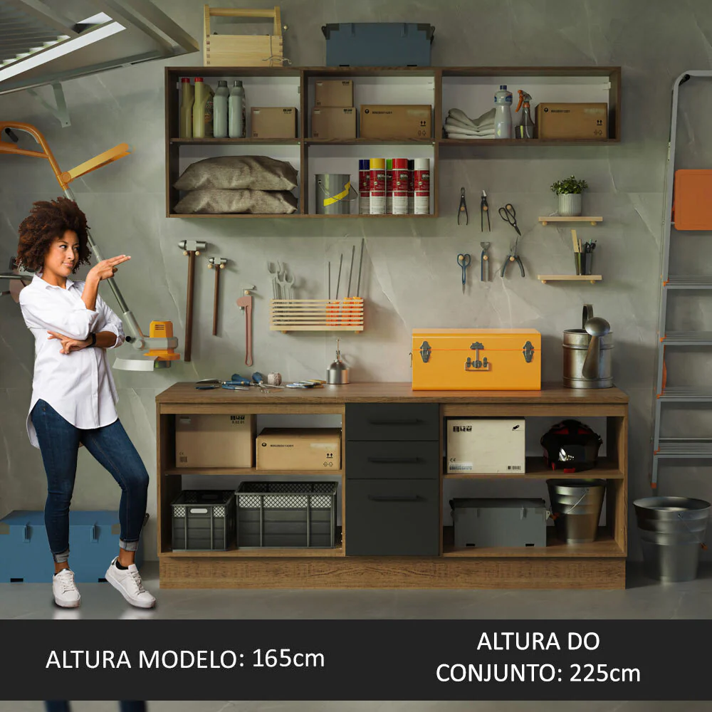 Kit com 2 Balcões e 2 Armários Aéreos Multiuso 200cm Rustic/Preto Agata Madesa - Image 5