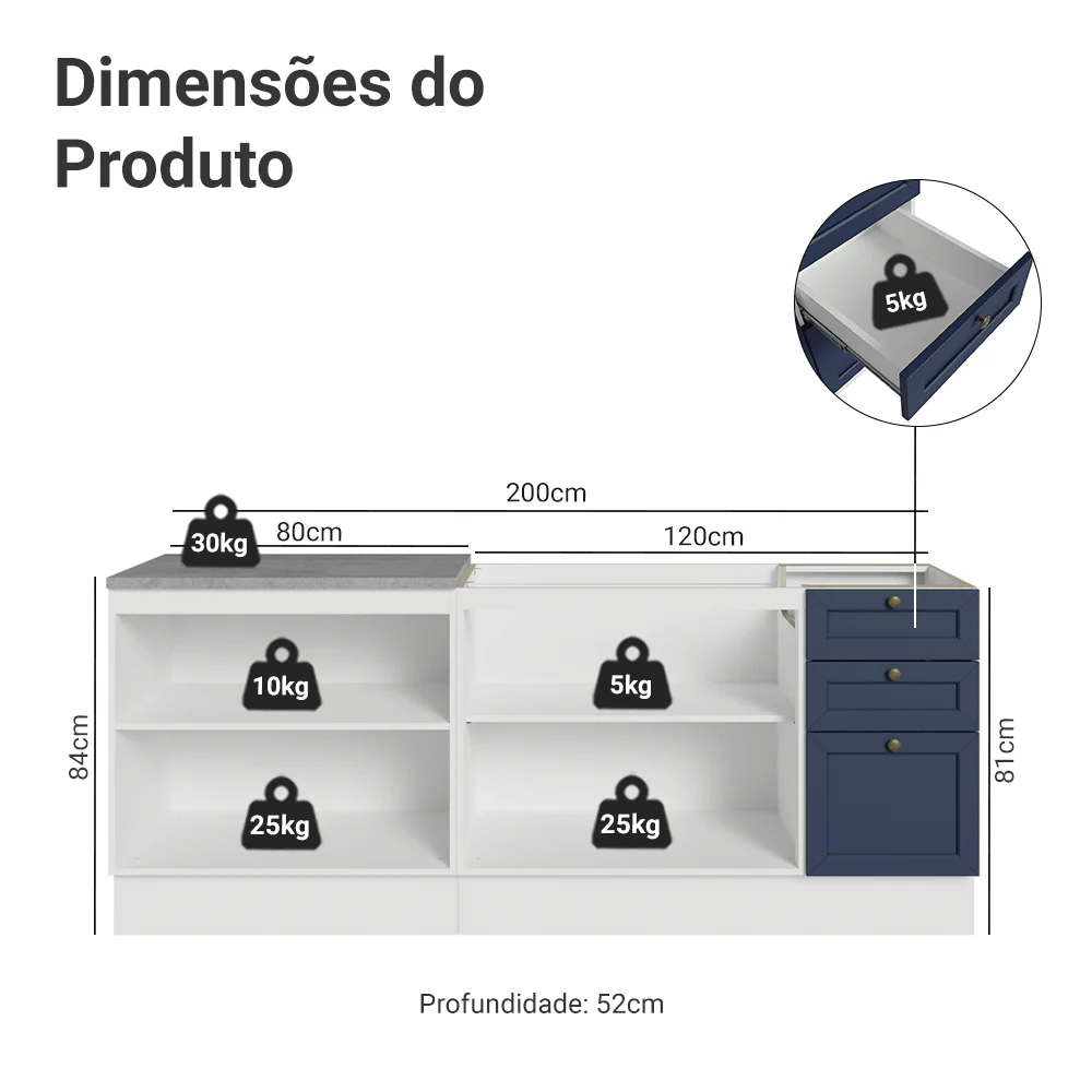 Kit com 2 Balcões de Cozinha 3 Gavetas 4 Portas (Sem Tampo e Pia) Branco/Azul Vik Madesa 01 - Image 3