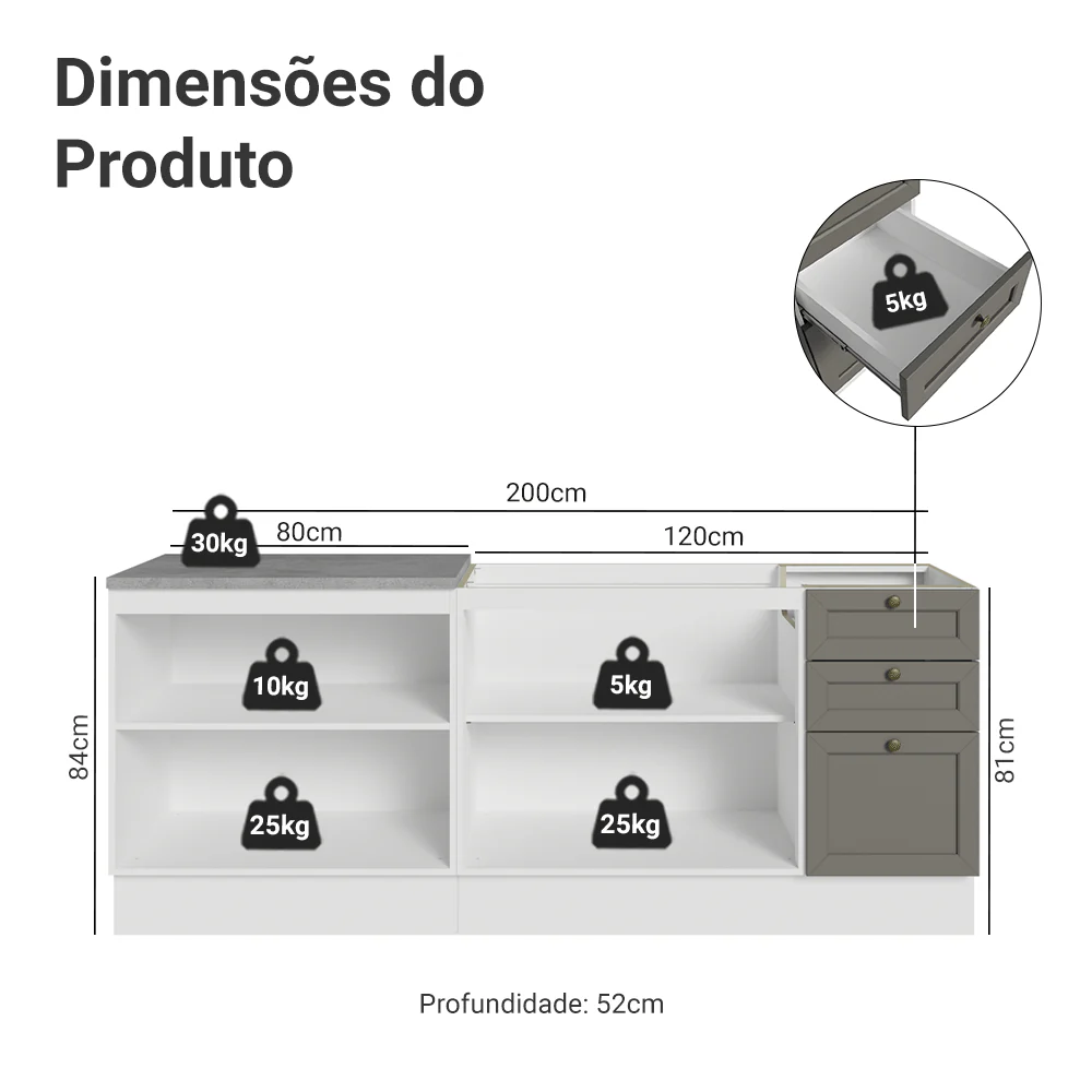 Kit com 2 Balcões de Cozinha 3 Gavetas 4 Portas (Sem Tampo e Pia) Branco/Cinza Vik Madesa 01 - Image 3
