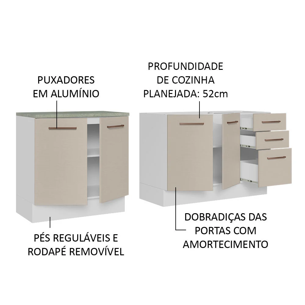 Kit com 2 Balcões de Cozinha 3 Gavetas 4 Portas (Sem Tampo e Pia) Branco/Crema Agata Madesa - Image 4