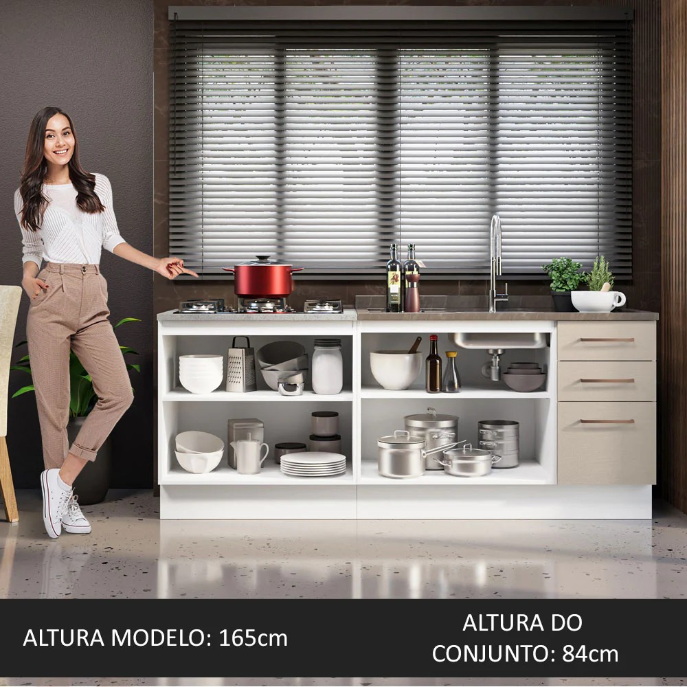 Kit com 2 Balcões de Cozinha 3 Gavetas 4 Portas (Sem Tampo e Pia) Branco/Crema Agata Madesa - Image 5