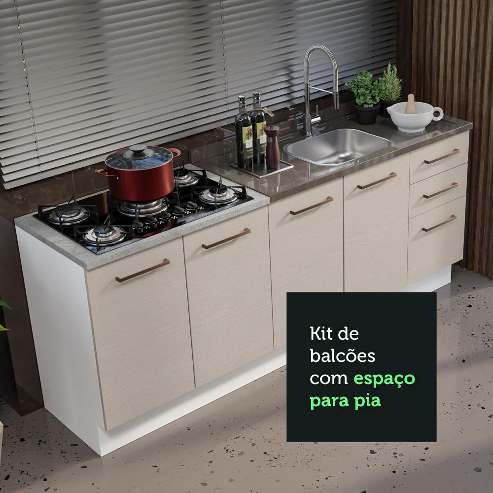 Kit com 2 Balcões de Cozinha 3 Gavetas 4 Portas (Sem Tampo e Pia) Branco/Crema Agata Madesa - Image 6