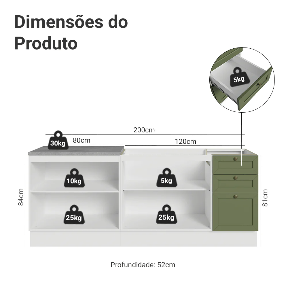 Kit com 2 Balcões de Cozinha 3 Gavetas 4 Portas (Sem Tampo e Pia) Branco/Verde Vik Madesa 01 - Image 3