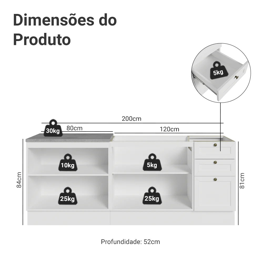 Kit com 2 Balcões de Cozinha 3 Gavetas 4 Portas (Sem Tampo e Pia) Branco Vik Madesa 01 - Image 3