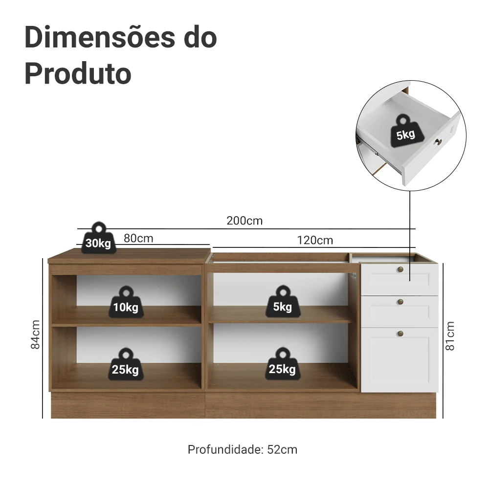 Kit com 2 Balcões de Cozinha 3 Gavetas 4 Portas (Sem Tampo e Pia) Rustic/Branco Vik Madesa 01 - Image 3