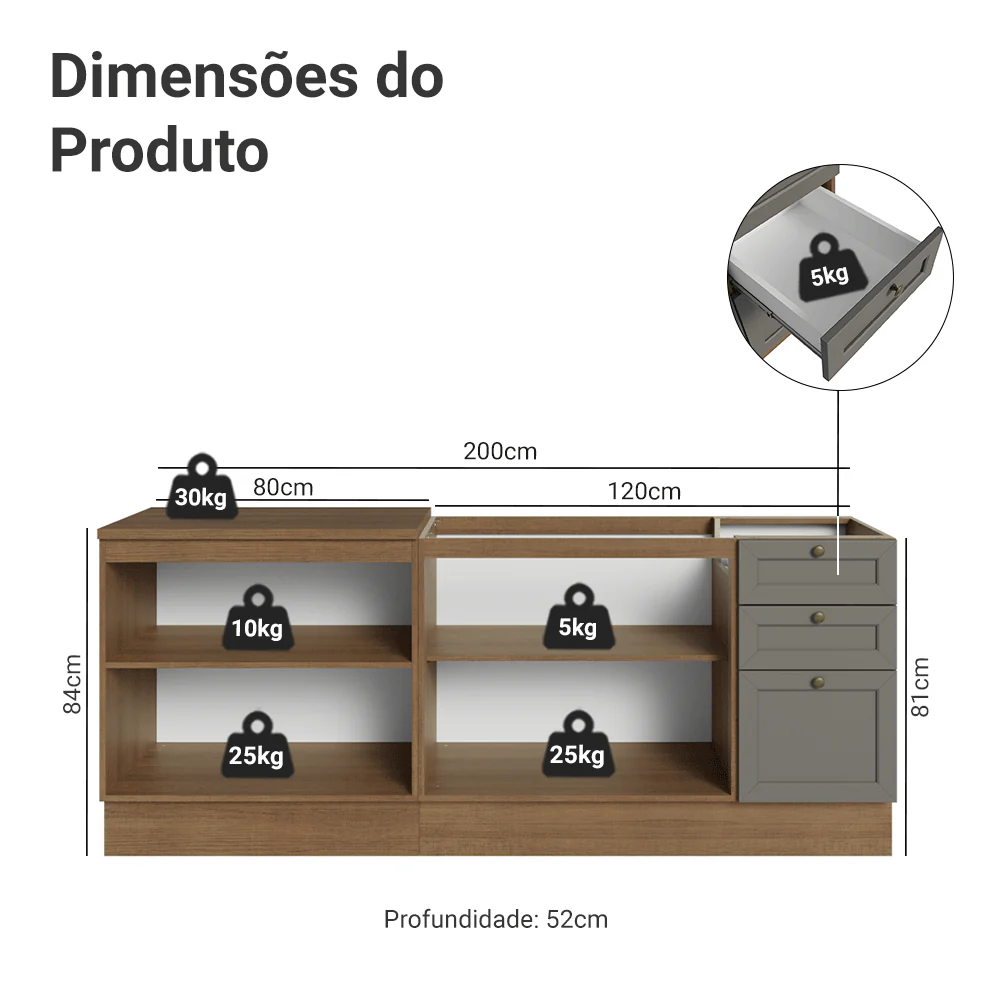 Kit com 2 Balcões de Cozinha 3 Gavetas 4 Portas (Sem Tampo e Pia) Rustic/Cinza Vik Madesa 01 - Image 3