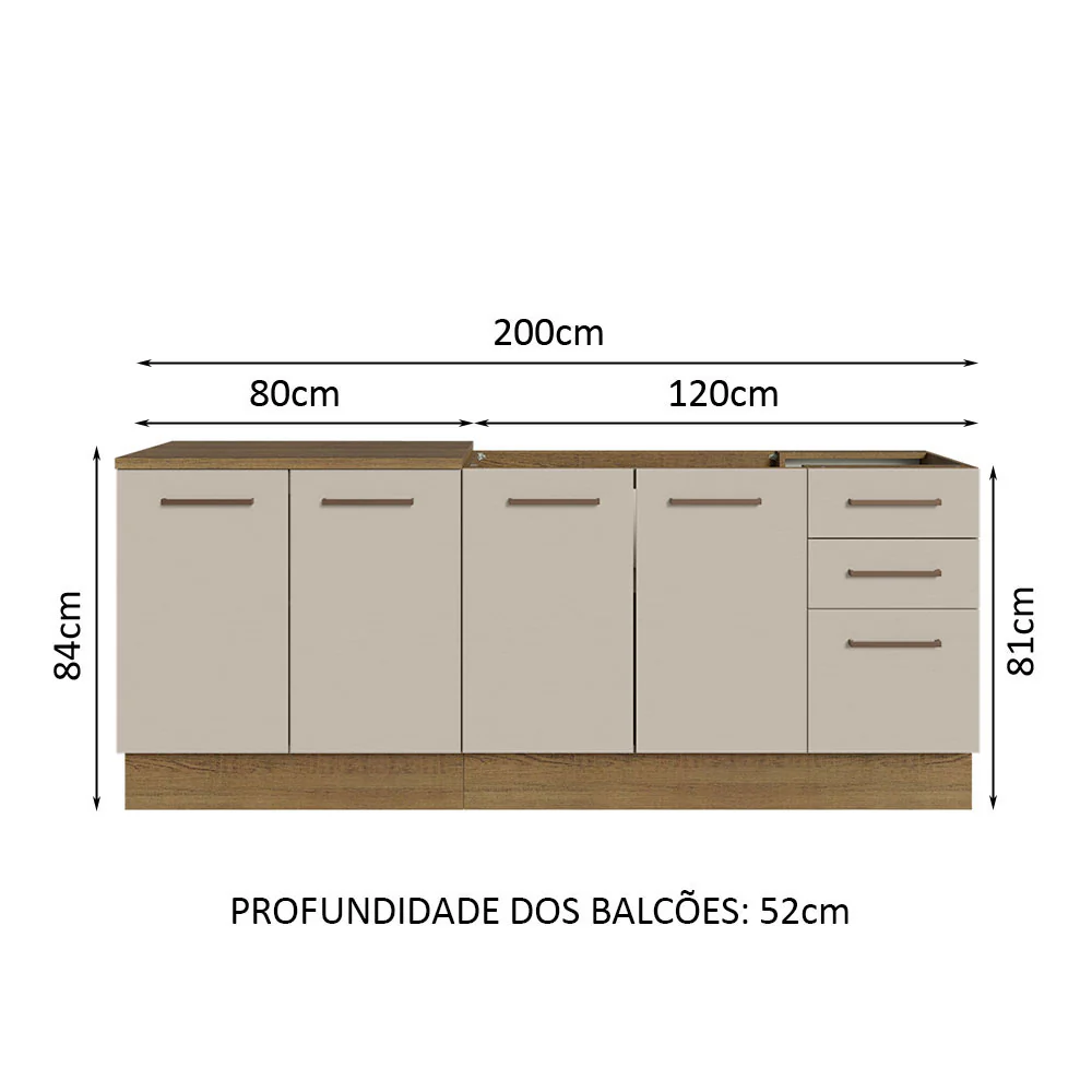 Kit com 2 Balcões de Cozinha 3 Gavetas 4 Portas (Sem Tampo e Pia) Rustic/Crema Agata Madesa - Image 3