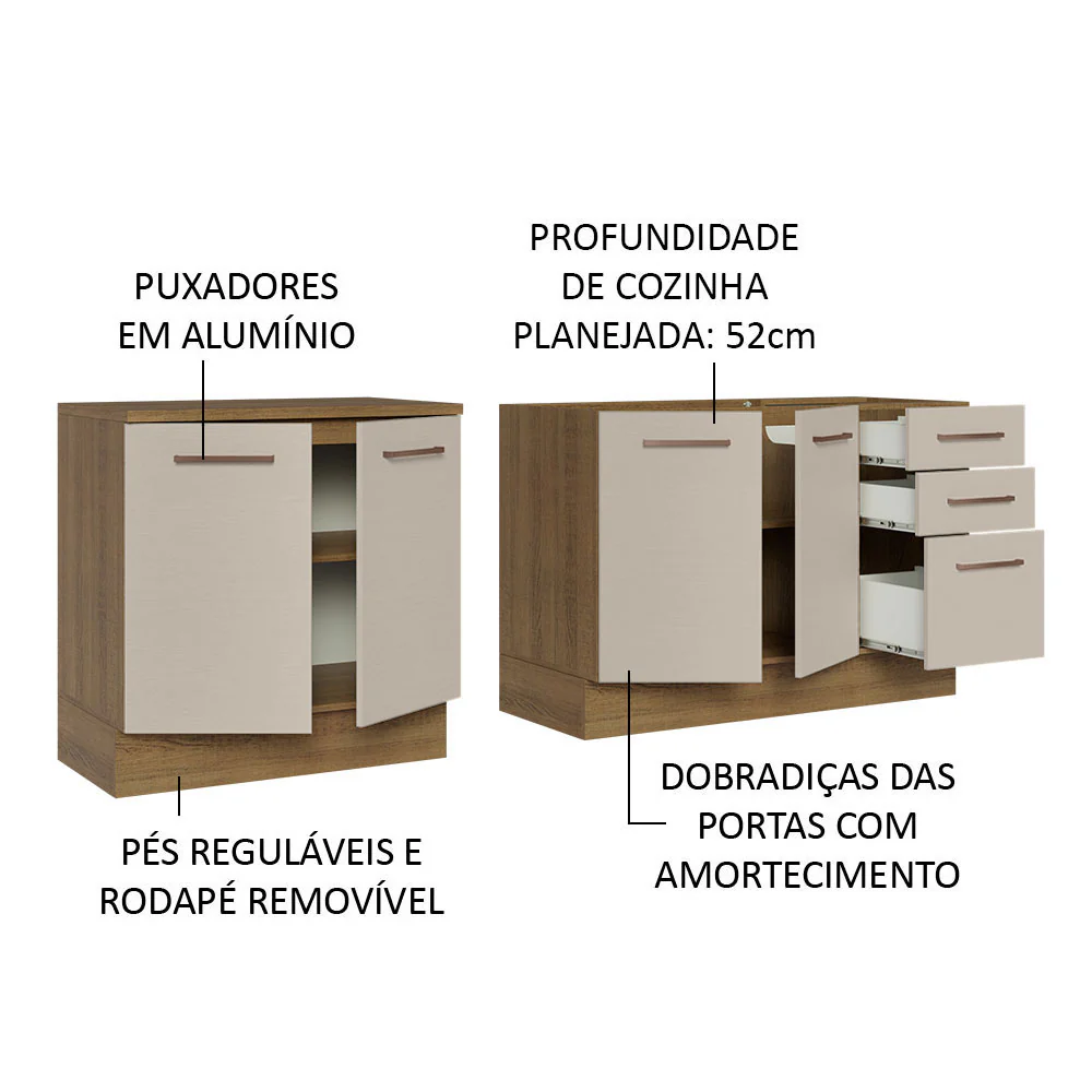 Kit com 2 Balcões de Cozinha 3 Gavetas 4 Portas (Sem Tampo e Pia) Rustic/Crema Agata Madesa - Image 4