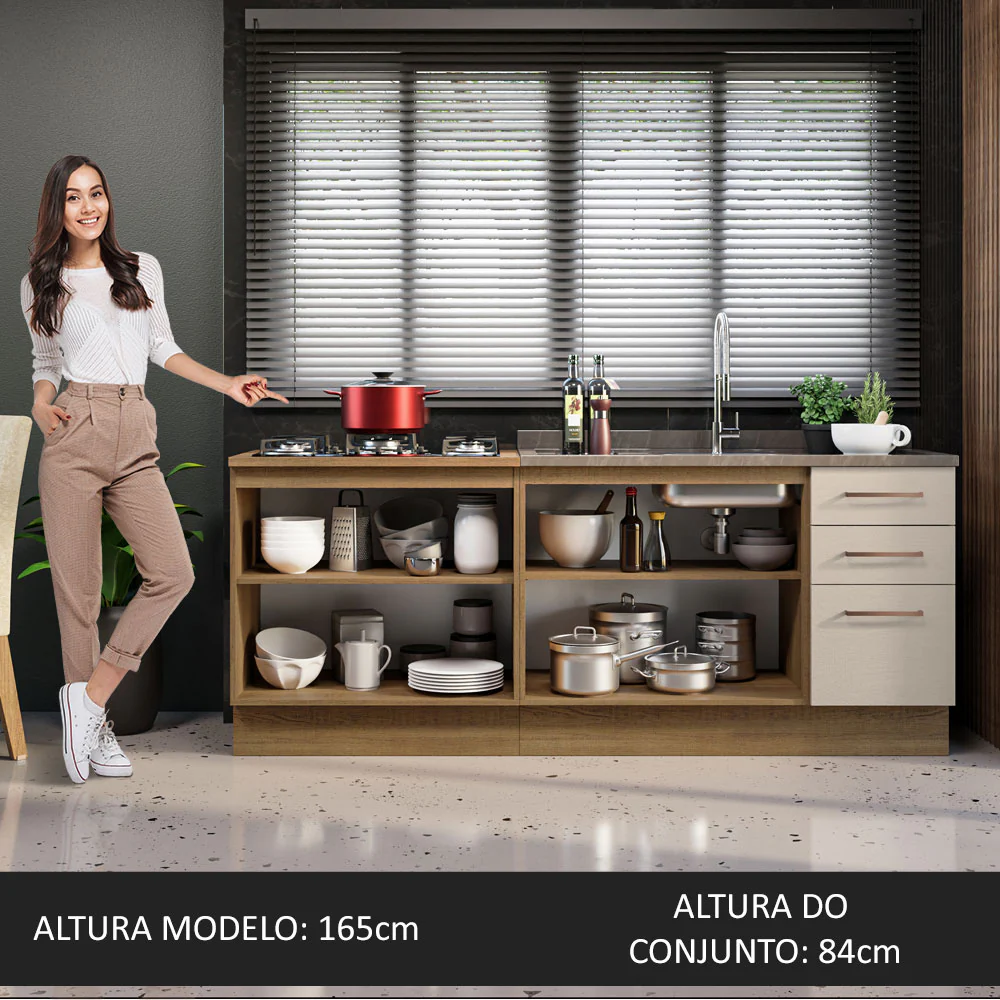 Kit com 2 Balcões de Cozinha 3 Gavetas 4 Portas (Sem Tampo e Pia) Rustic/Crema Agata Madesa - Image 5