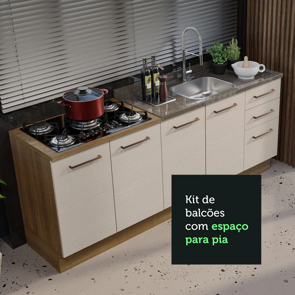 Kit com 2 Balcões de Cozinha 3 Gavetas 4 Portas (Sem Tampo e Pia) Rustic/Crema Agata Madesa - Image 6