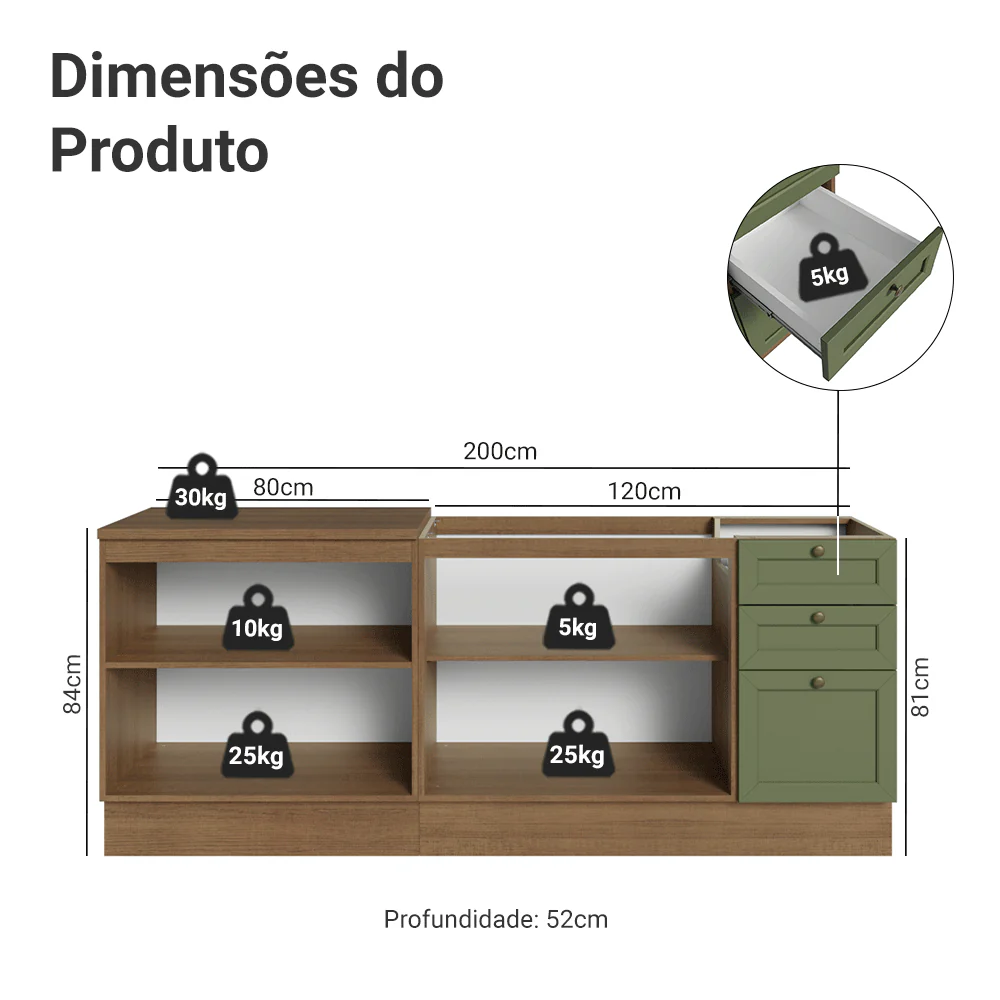 Kit com 2 Balcões de Cozinha 3 Gavetas 4 Portas (Sem Tampo e Pia) Rustic/Verde Vik Madesa 01 - Image 3