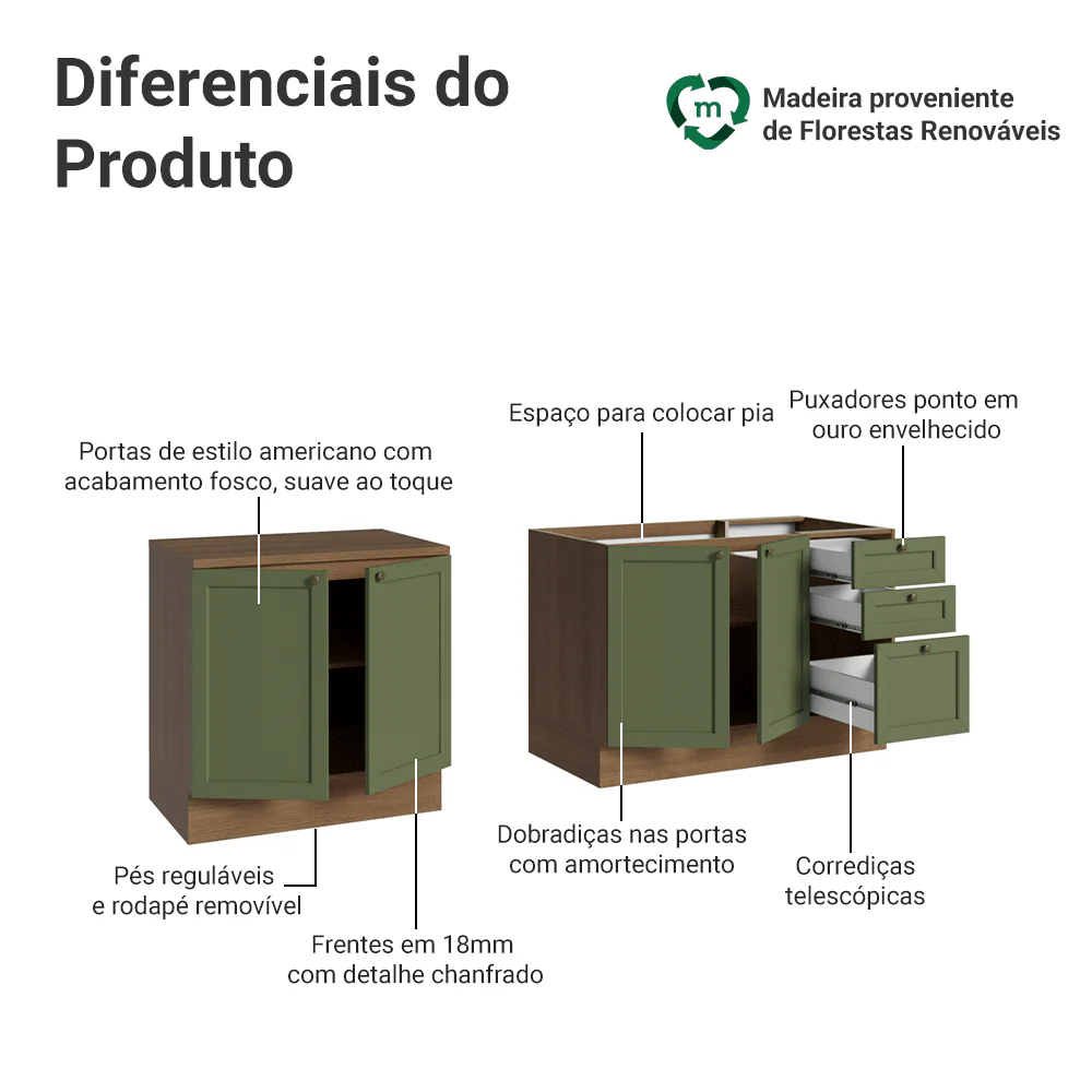 Kit com 2 Balcões de Cozinha 3 Gavetas 4 Portas (Sem Tampo e Pia) Rustic/Verde Vik Madesa 01 - Image 4