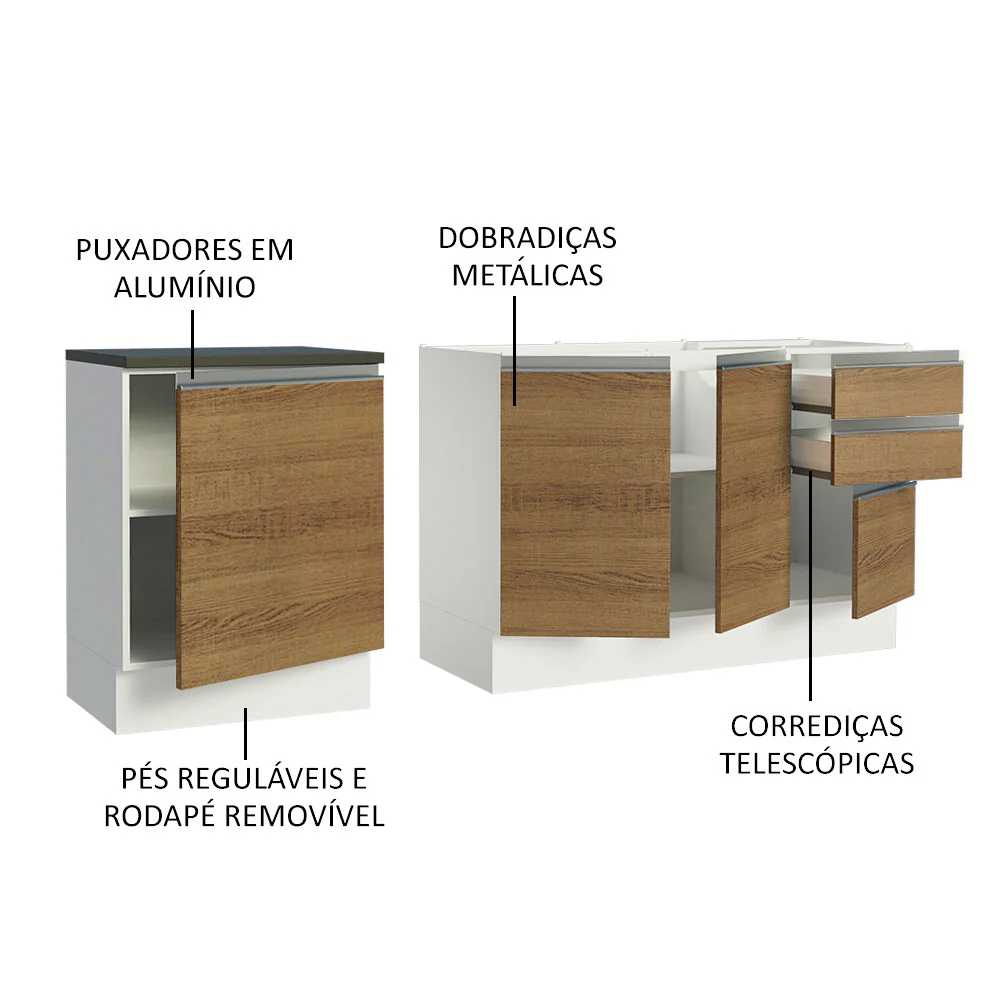 Kit com 2 Balcões de Cozinha Madesa Acordes 100% MDF (Sem Tampo e Pia) Branco/Rustic - Image 4