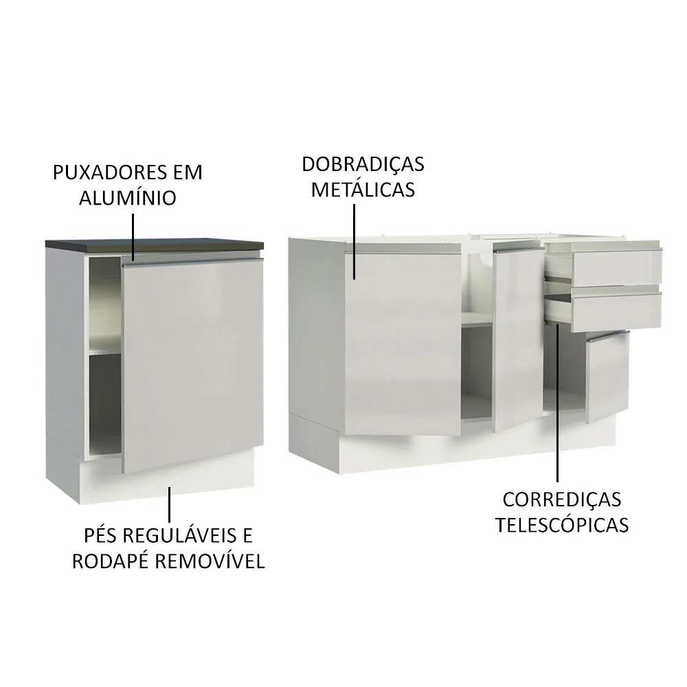 Kit com 2 Balcões de Cozinha Madesa Acordes 100% MDF (Sem Tampo e Pia) Frentes Branco Brilho - Image 4