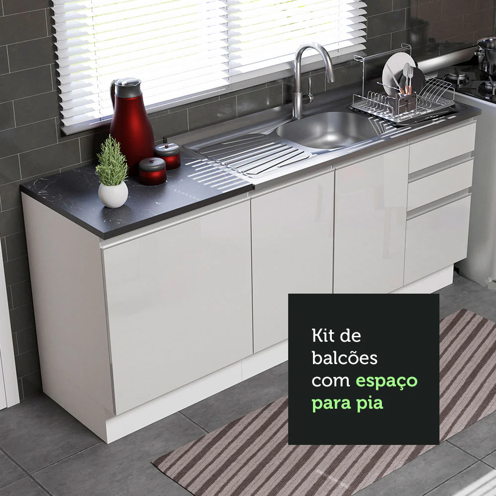 Kit com 2 Balcões de Cozinha Madesa Acordes 100% MDF (Sem Tampo e Pia) Frentes Branco Brilho - Image 6