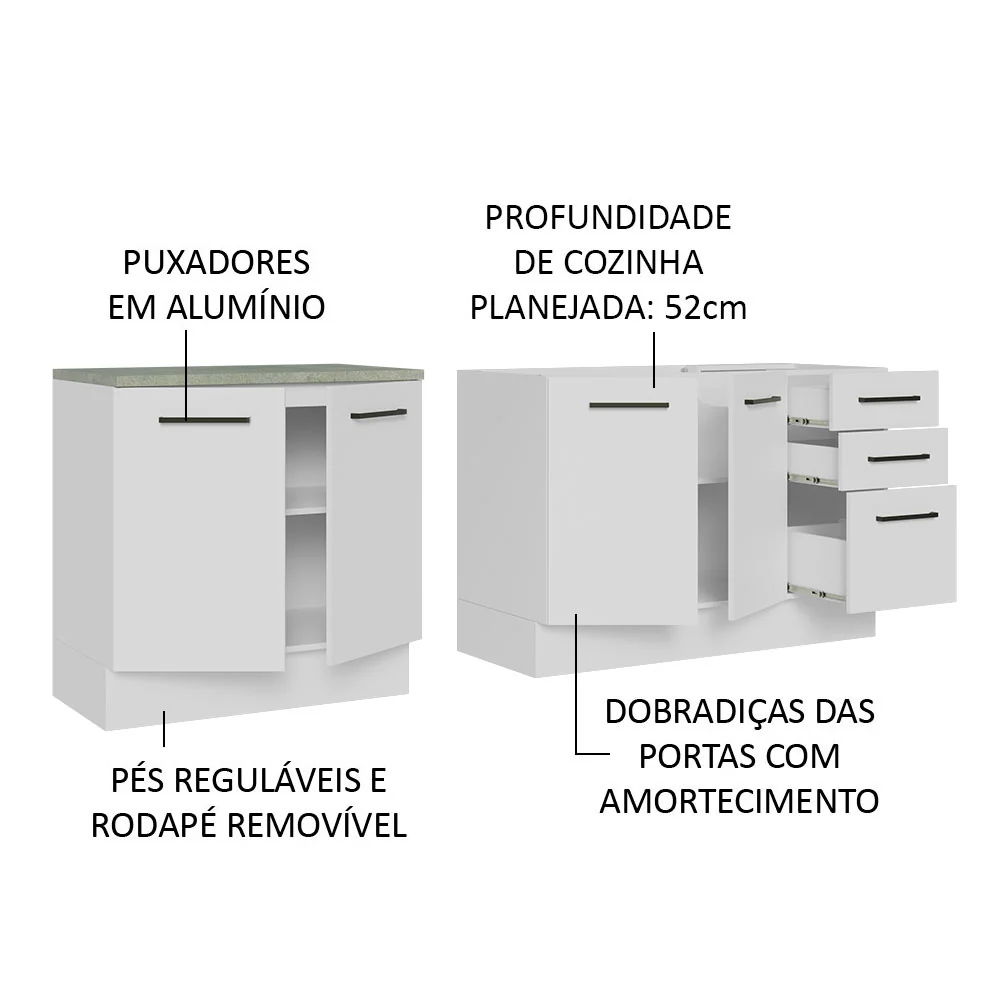 Kit com 2 Balcões de Cozinha Madesa Agata 3 Gavetas 4 Portas (Sem Tampo e Pia) Branco - Image 4