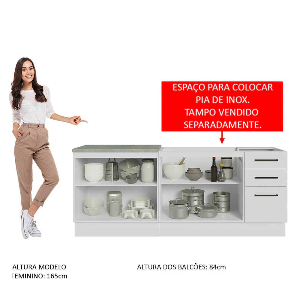 Kit com 2 Balcões de Cozinha Madesa Agata 3 Gavetas 4 Portas (Sem Tampo e Pia) Branco - Image 5