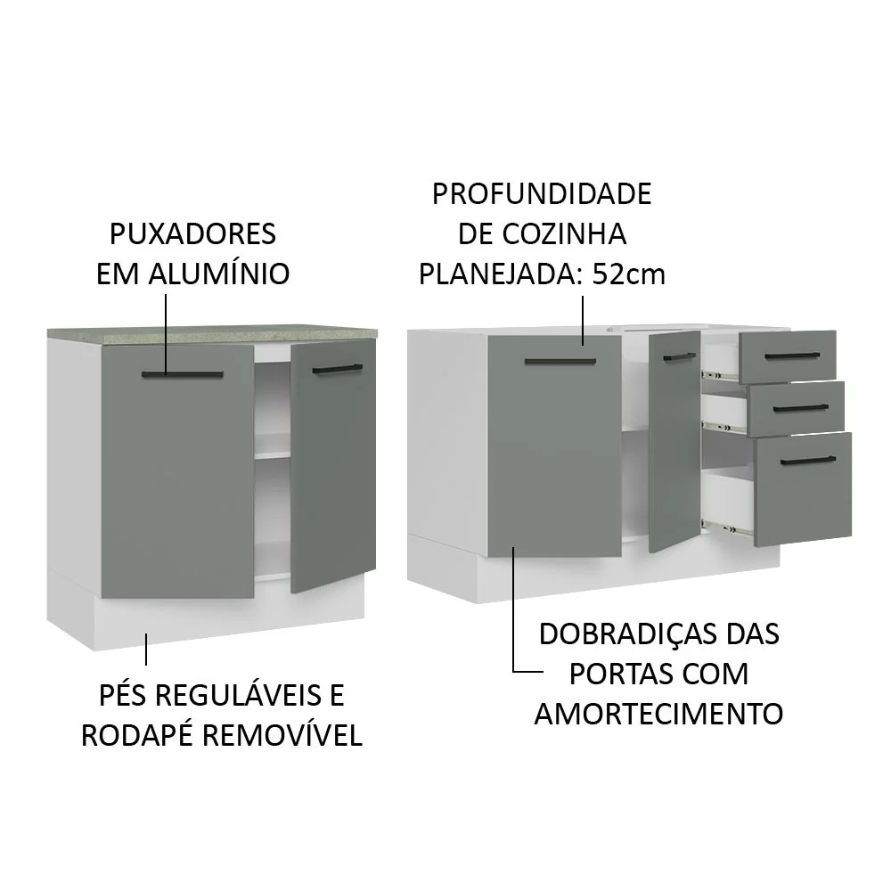 Kit com 2 Balcões de Cozinha Madesa Agata 3 Gavetas 4 Portas (Sem Tampo e Pia) Branco/Cinza - Image 4