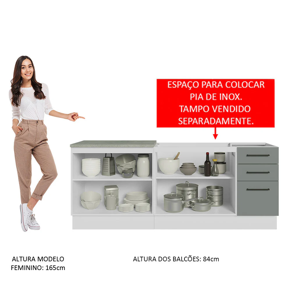 Kit com 2 Balcões de Cozinha Madesa Agata 3 Gavetas 4 Portas (Sem Tampo e Pia) Branco/Cinza - Image 5