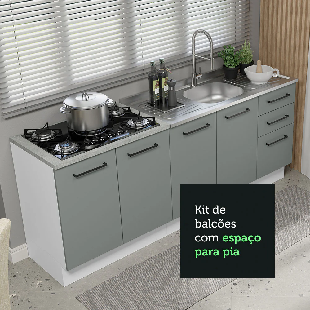 Kit com 2 Balcões de Cozinha Madesa Agata 3 Gavetas 4 Portas (Sem Tampo e Pia) Branco/Cinza - Image 6