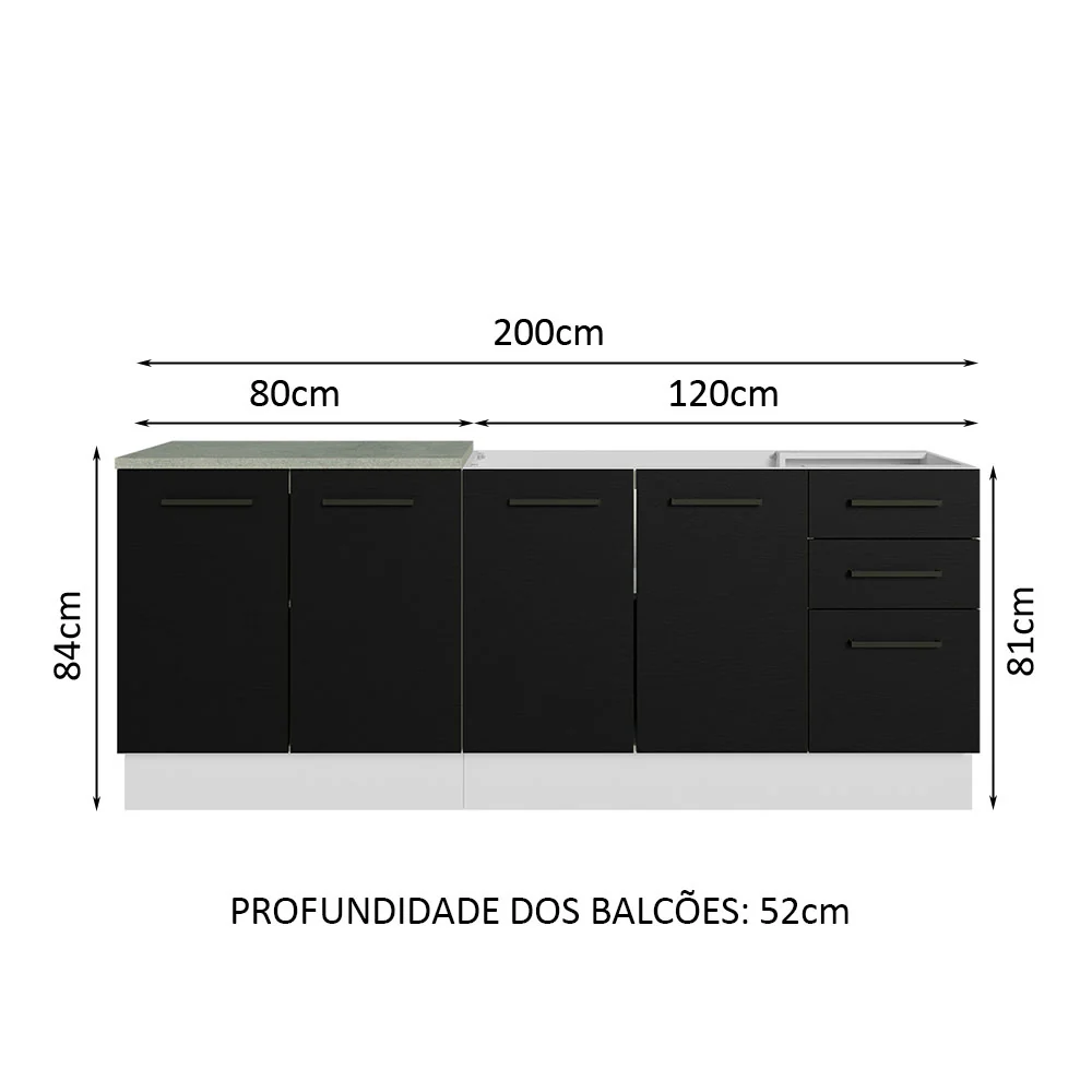 Kit com 2 Balcões de Cozinha Madesa Agata 3 Gavetas 4 Portas (Sem Tampo e Pia) Branco/Preto - Image 3