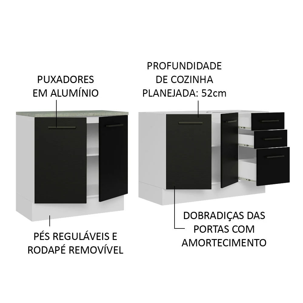 Kit com 2 Balcões de Cozinha Madesa Agata 3 Gavetas 4 Portas (Sem Tampo e Pia) Branco/Preto - Image 4