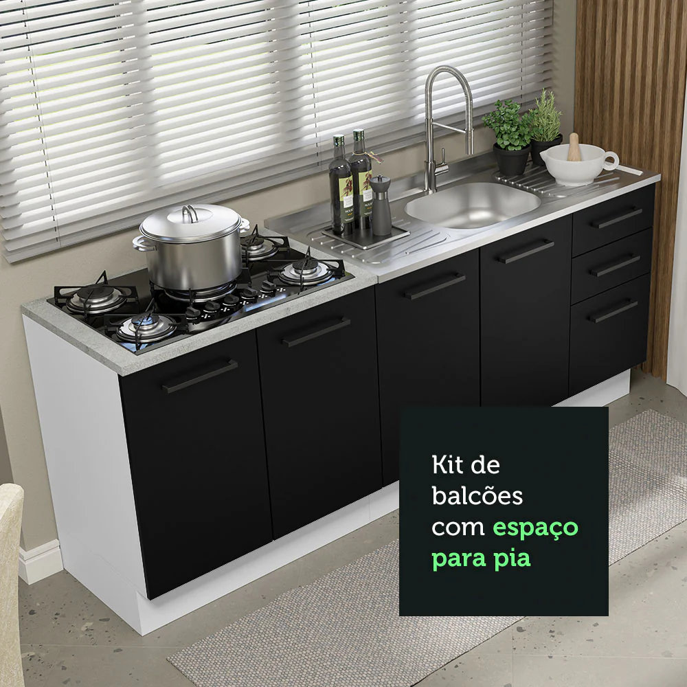 Kit com 2 Balcões de Cozinha Madesa Agata 3 Gavetas 4 Portas (Sem Tampo e Pia) Branco/Preto - Image 6