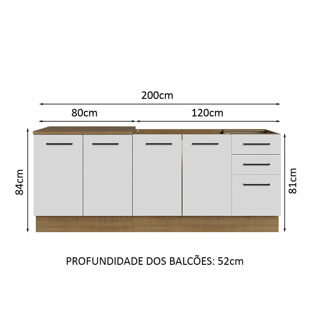 Kit com 2 Balcões de Cozinha Madesa Agata 3 Gavetas 4 Portas (Sem Tampo e Pia) Rustic/Branco - Image 3