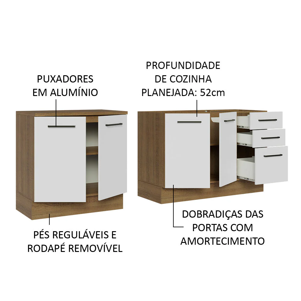Kit com 2 Balcões de Cozinha Madesa Agata 3 Gavetas 4 Portas (Sem Tampo e Pia) Rustic/Branco - Image 4