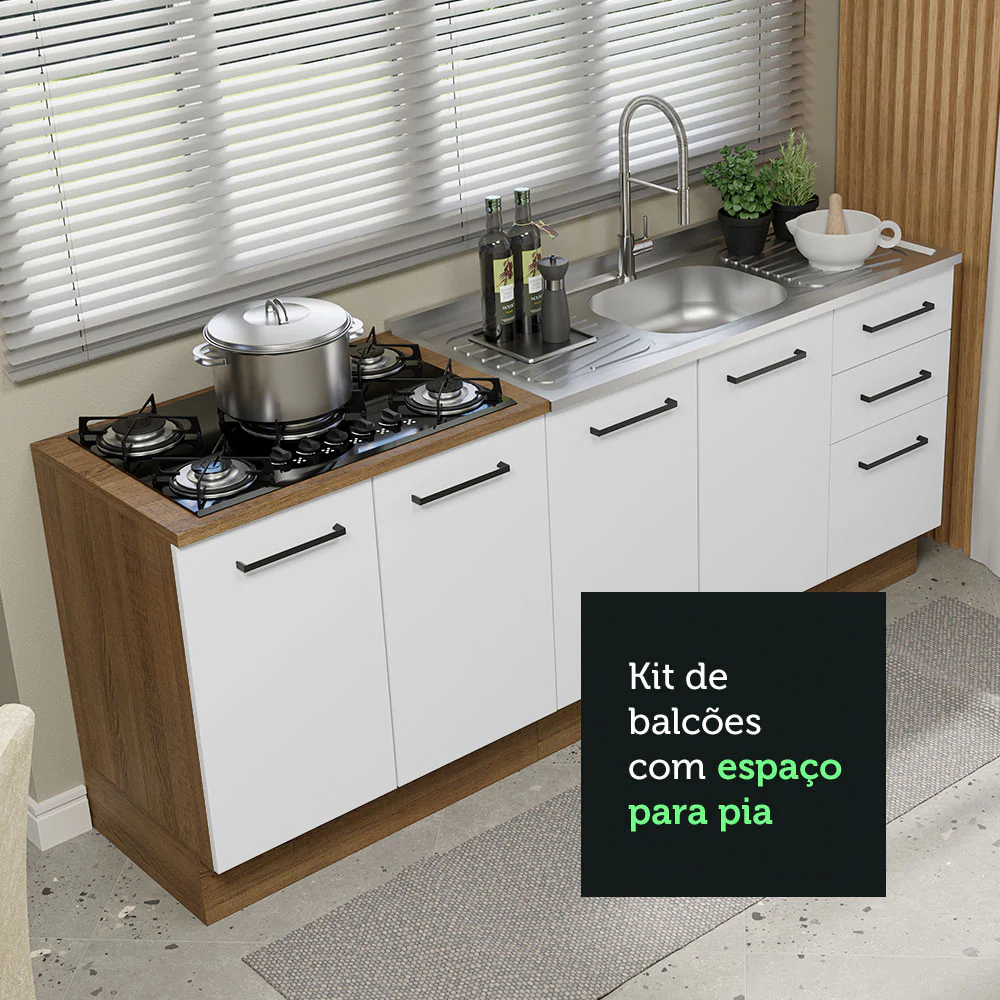 Kit com 2 Balcões de Cozinha Madesa Agata 3 Gavetas 4 Portas (Sem Tampo e Pia) Rustic/Branco - Image 6