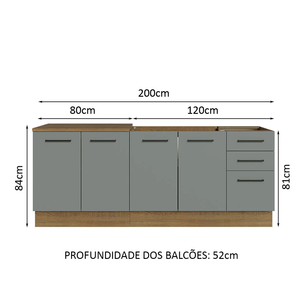 Kit com 2 Balcões de Cozinha Madesa Agata 3 Gavetas 4 Portas (Sem Tampo e Pia) Rustic/Cinza - Image 3