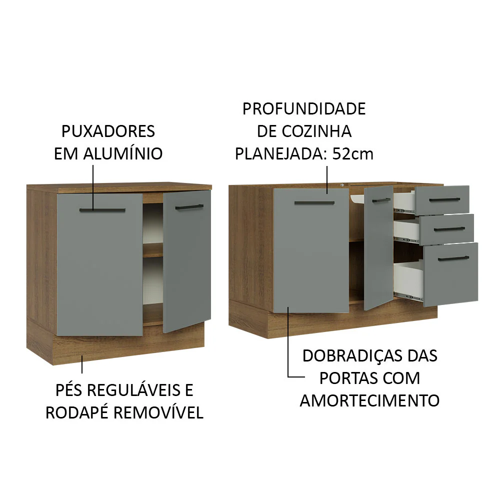 Kit com 2 Balcões de Cozinha Madesa Agata 3 Gavetas 4 Portas (Sem Tampo e Pia) Rustic/Cinza - Image 4