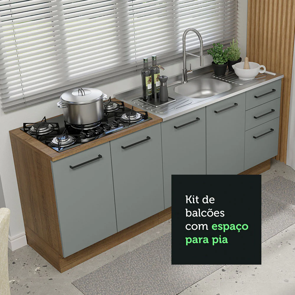 Kit com 2 Balcões de Cozinha Madesa Agata 3 Gavetas 4 Portas (Sem Tampo e Pia) Rustic/Cinza - Image 6