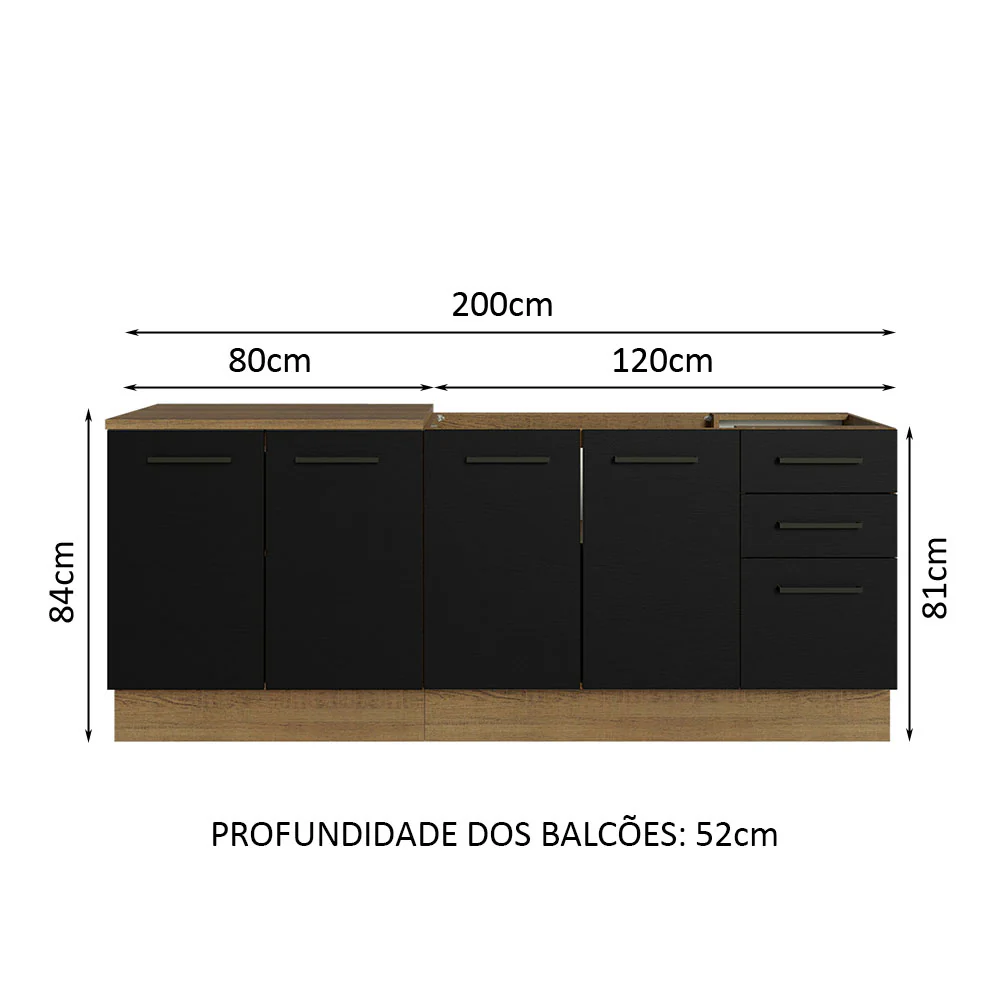 Kit com 2 Balcões de Cozinha Madesa Agata 3 Gavetas 4 Portas (Sem Tampo e Pia) Rustic/Preto - Image 3