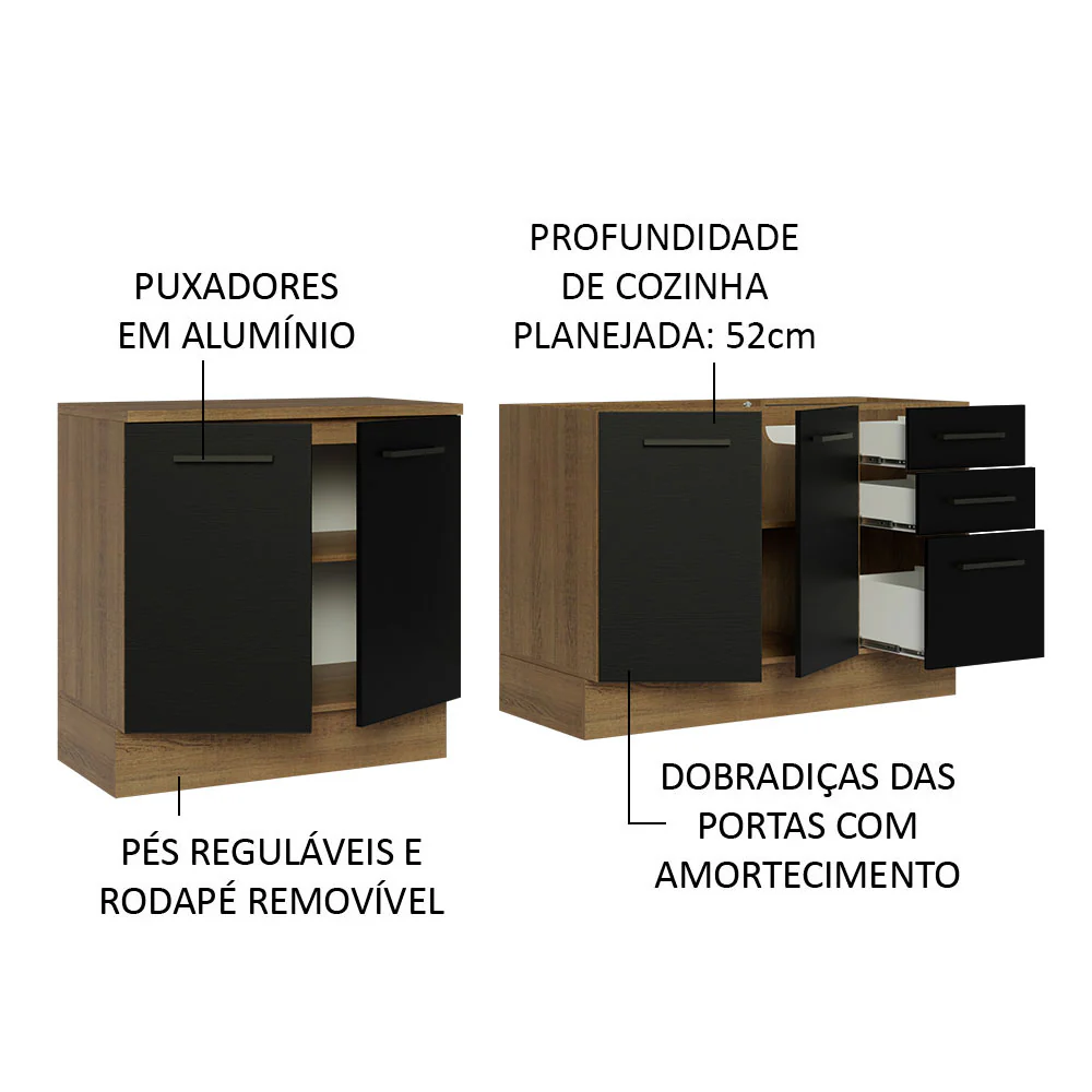 Kit com 2 Balcões de Cozinha Madesa Agata 3 Gavetas 4 Portas (Sem Tampo e Pia) Rustic/Preto - Image 4