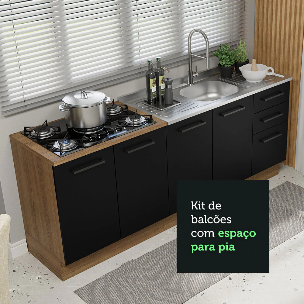 Kit com 2 Balcões de Cozinha Madesa Agata 3 Gavetas 4 Portas (Sem Tampo e Pia) Rustic/Preto - Image 6