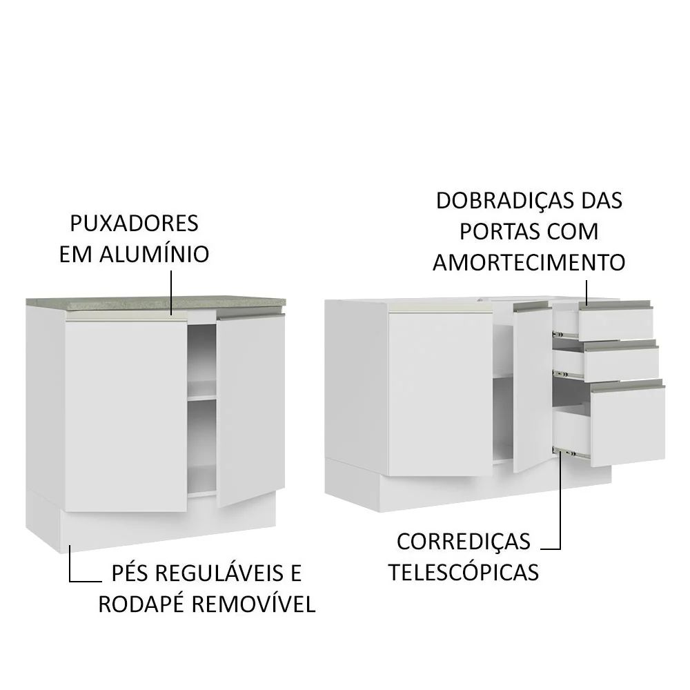 Kit com 2 Balcões de Cozinha Madesa Glamy 4 Portas 3 Gavetas (Sem Tampo e Pia) Branco Branco - Image 4