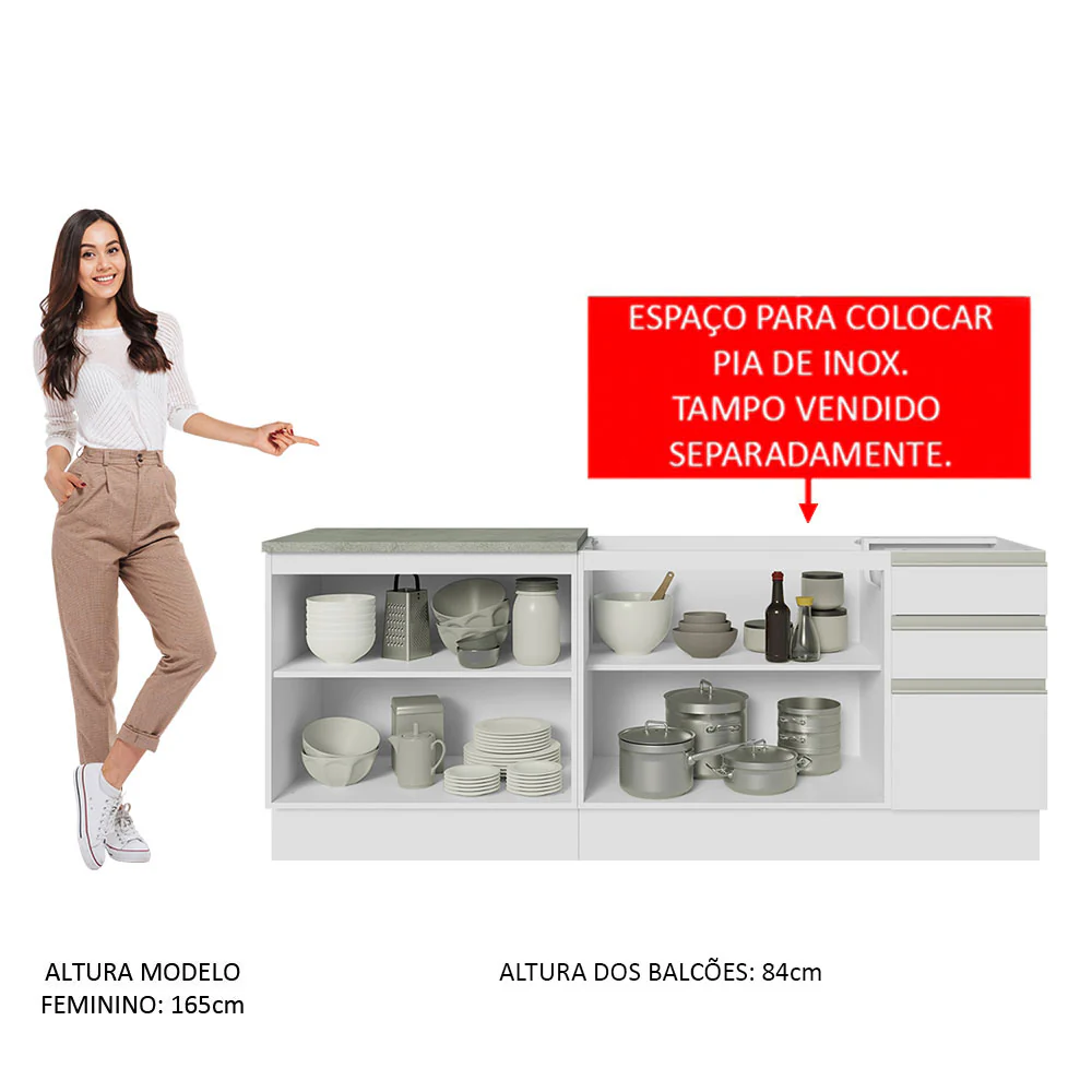 Kit com 2 Balcões de Cozinha Madesa Glamy 4 Portas 3 Gavetas (Sem Tampo e Pia) Branco Branco - Image 5