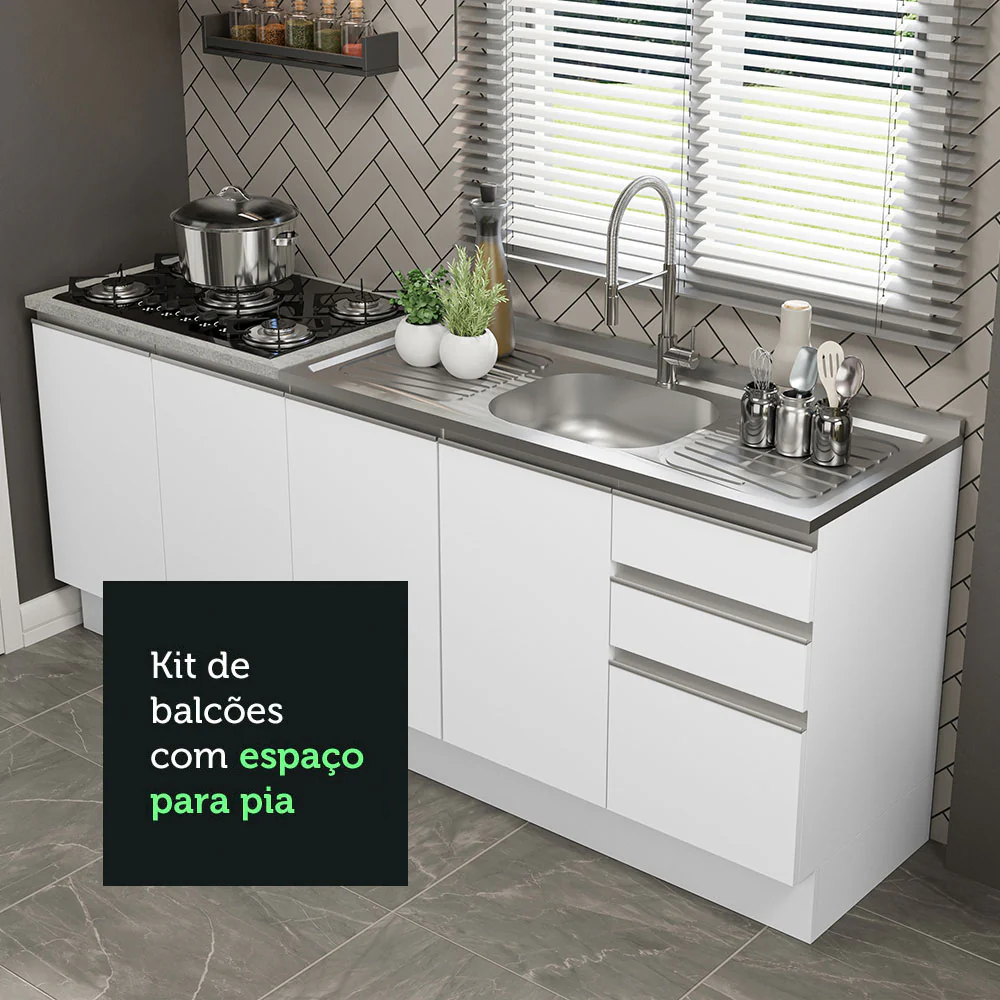 Kit com 2 Balcões de Cozinha Madesa Glamy 4 Portas 3 Gavetas (Sem Tampo e Pia) Branco Branco - Image 6