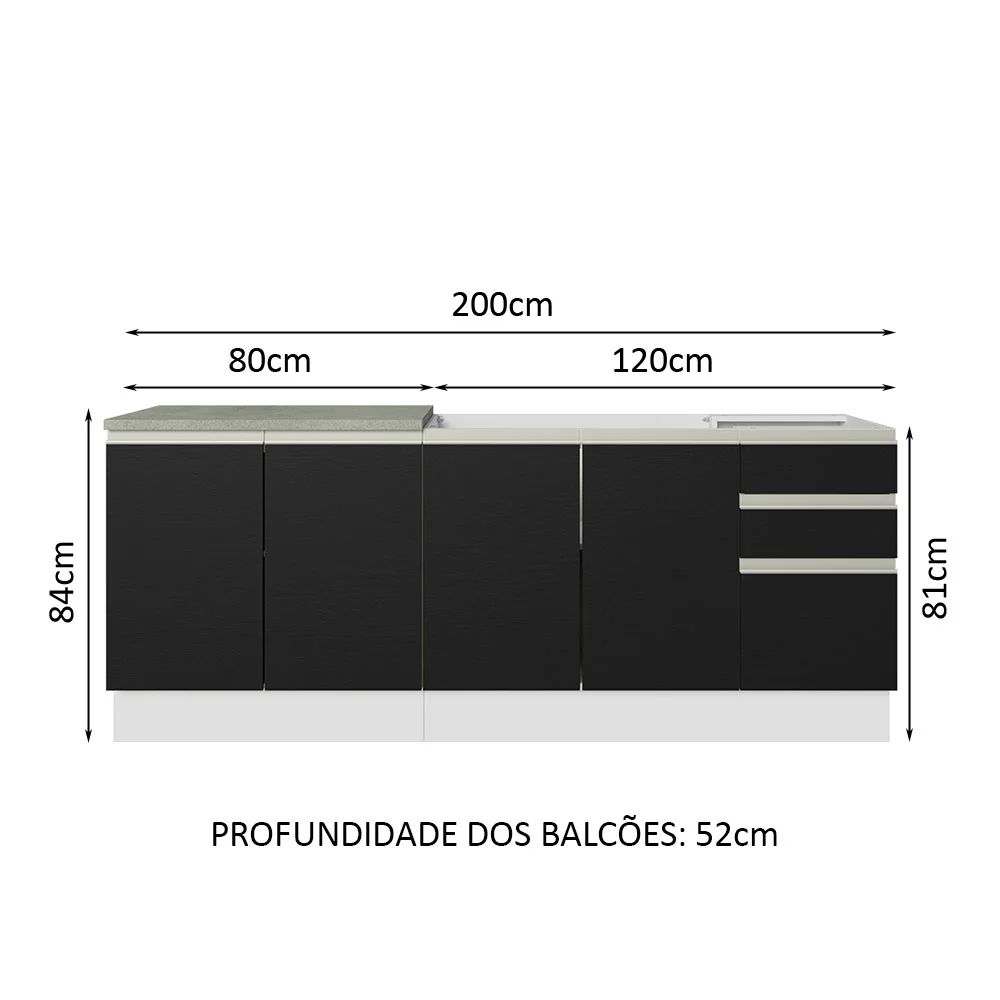 Kit com 2 Balcões de Cozinha Madesa Glamy 4 Portas 3 Gavetas (Sem Tampo e Pia) Branco/Preto Branco/Preto - Image 3