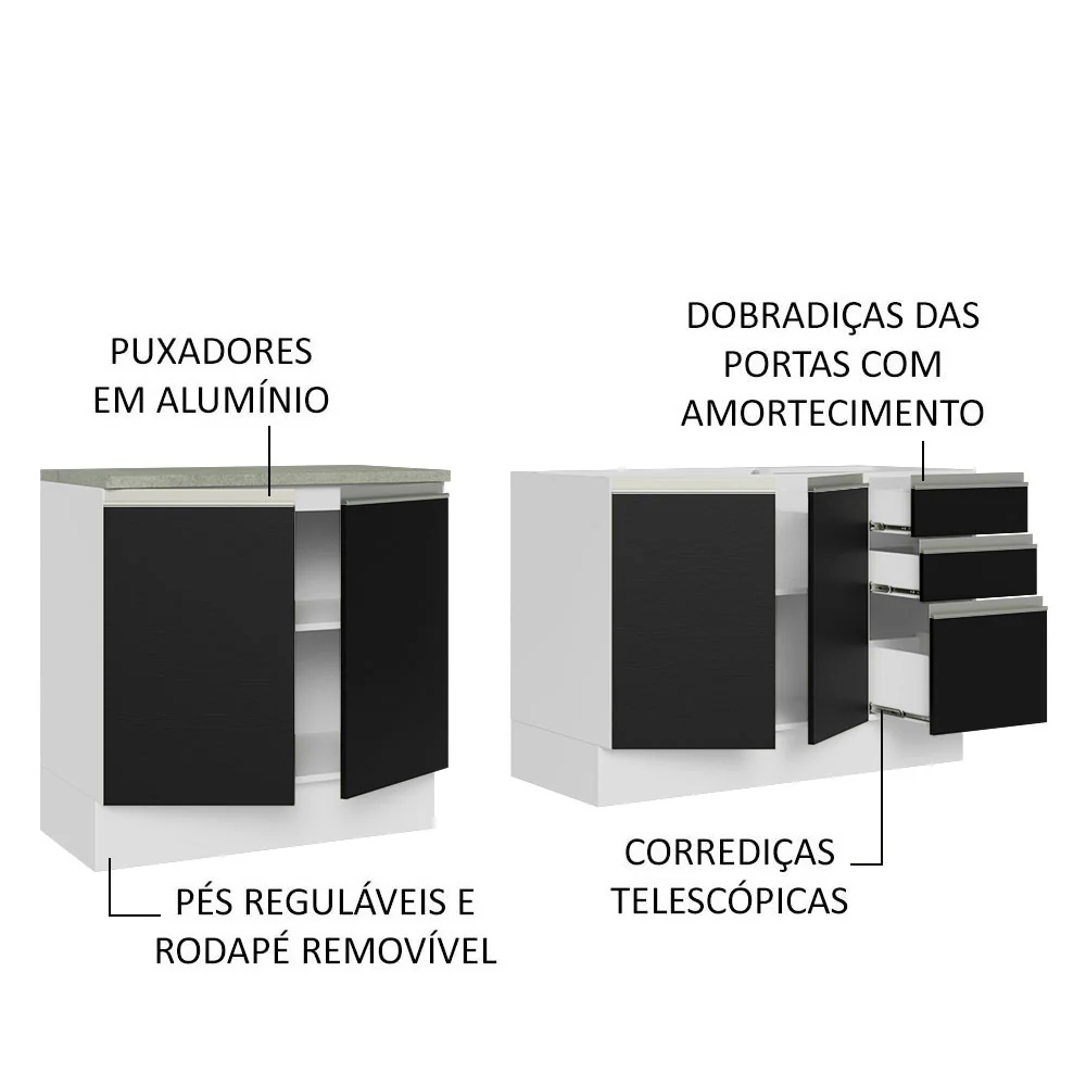 Kit com 2 Balcões de Cozinha Madesa Glamy 4 Portas 3 Gavetas (Sem Tampo e Pia) Branco/Preto Branco/Preto - Image 4