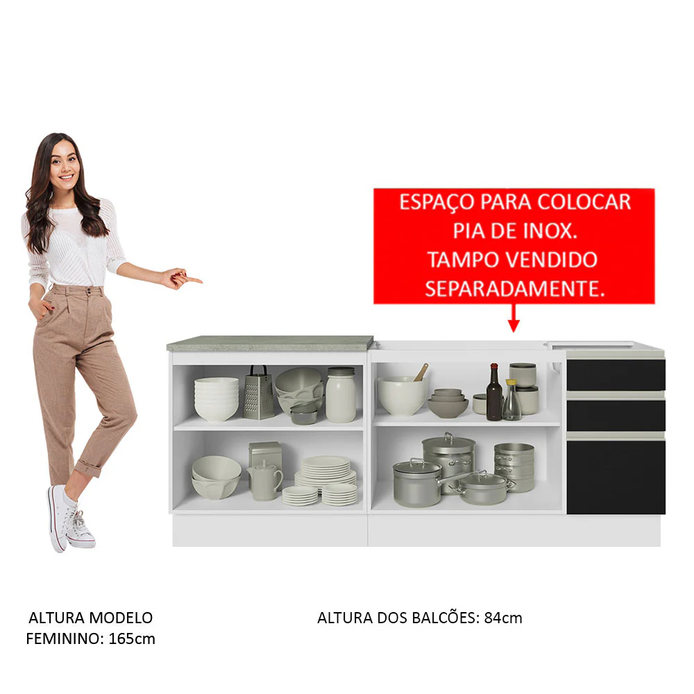 Kit com 2 Balcões de Cozinha Madesa Glamy 4 Portas 3 Gavetas (Sem Tampo e Pia) Branco/Preto Branco/Preto - Image 5