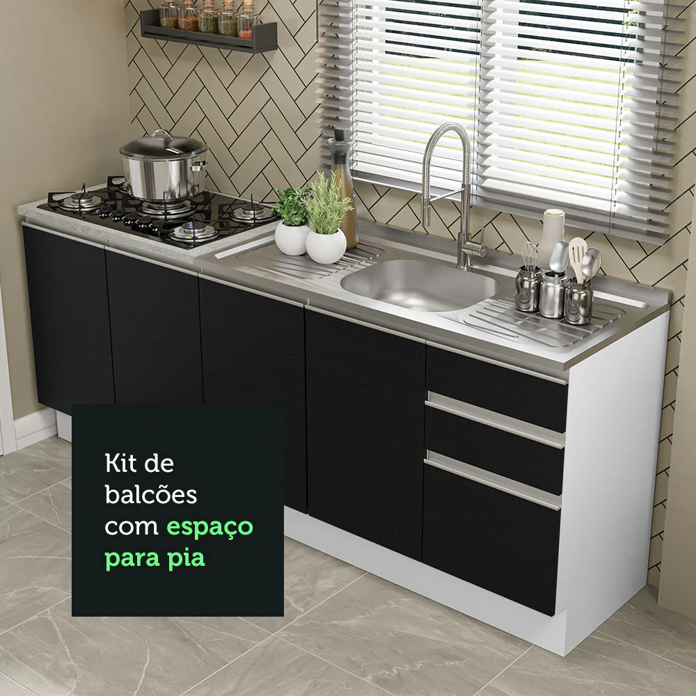 Kit com 2 Balcões de Cozinha Madesa Glamy 4 Portas 3 Gavetas (Sem Tampo e Pia) Branco/Preto Branco/Preto - Image 6