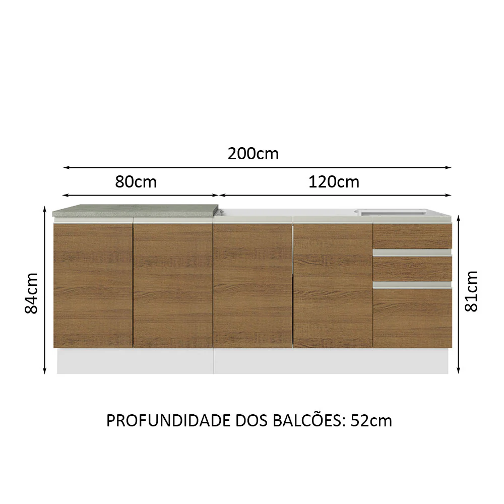Kit com 2 Balcões de Cozinha Madesa Glamy 4 Portas 3 Gavetas (Sem Tampo e Pia) Branco/Rustic Branco/Rustic - Image 3